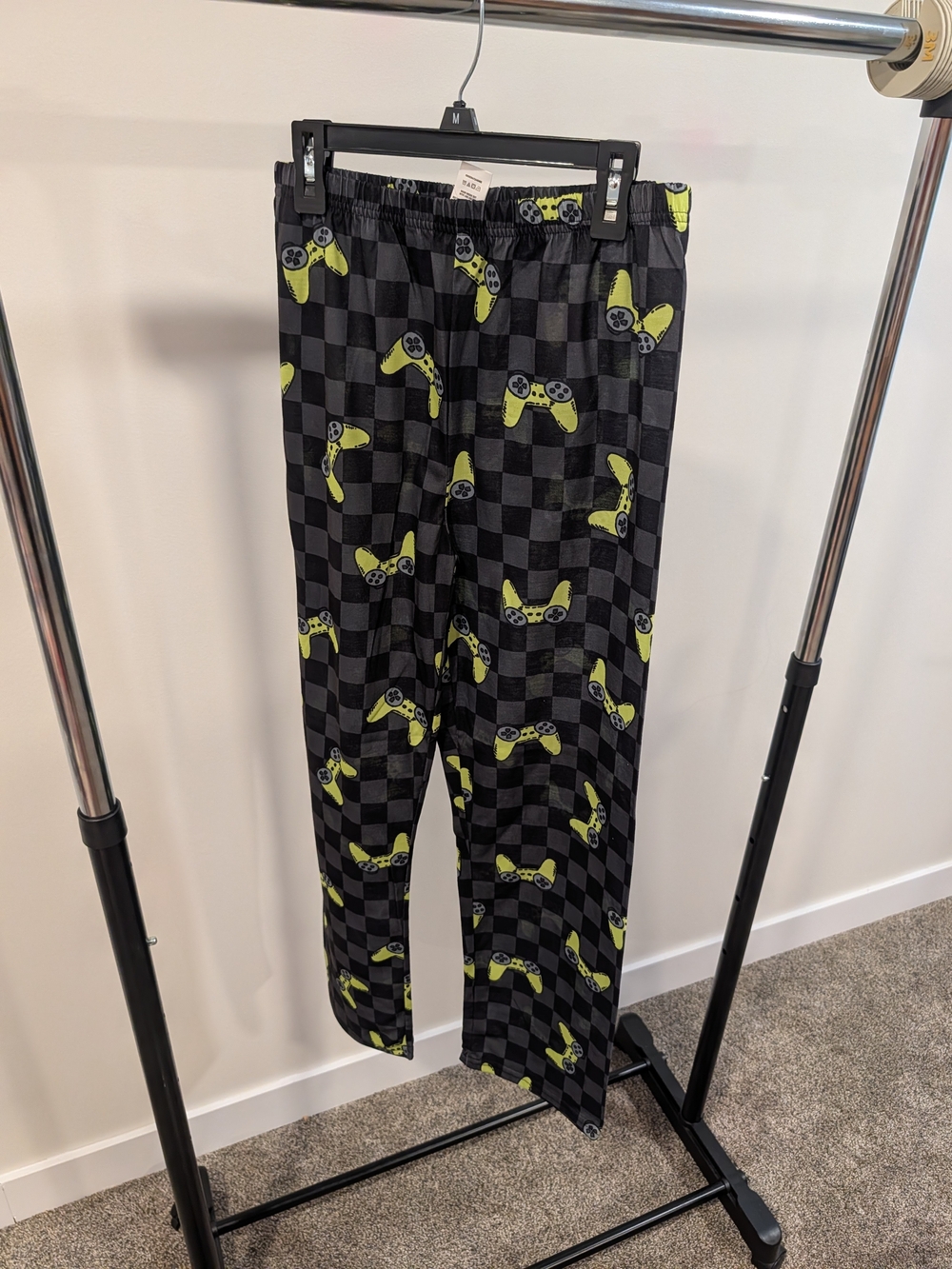 PJ Place Black Checkered Joggers with Neon Yellow Game Controller Print
